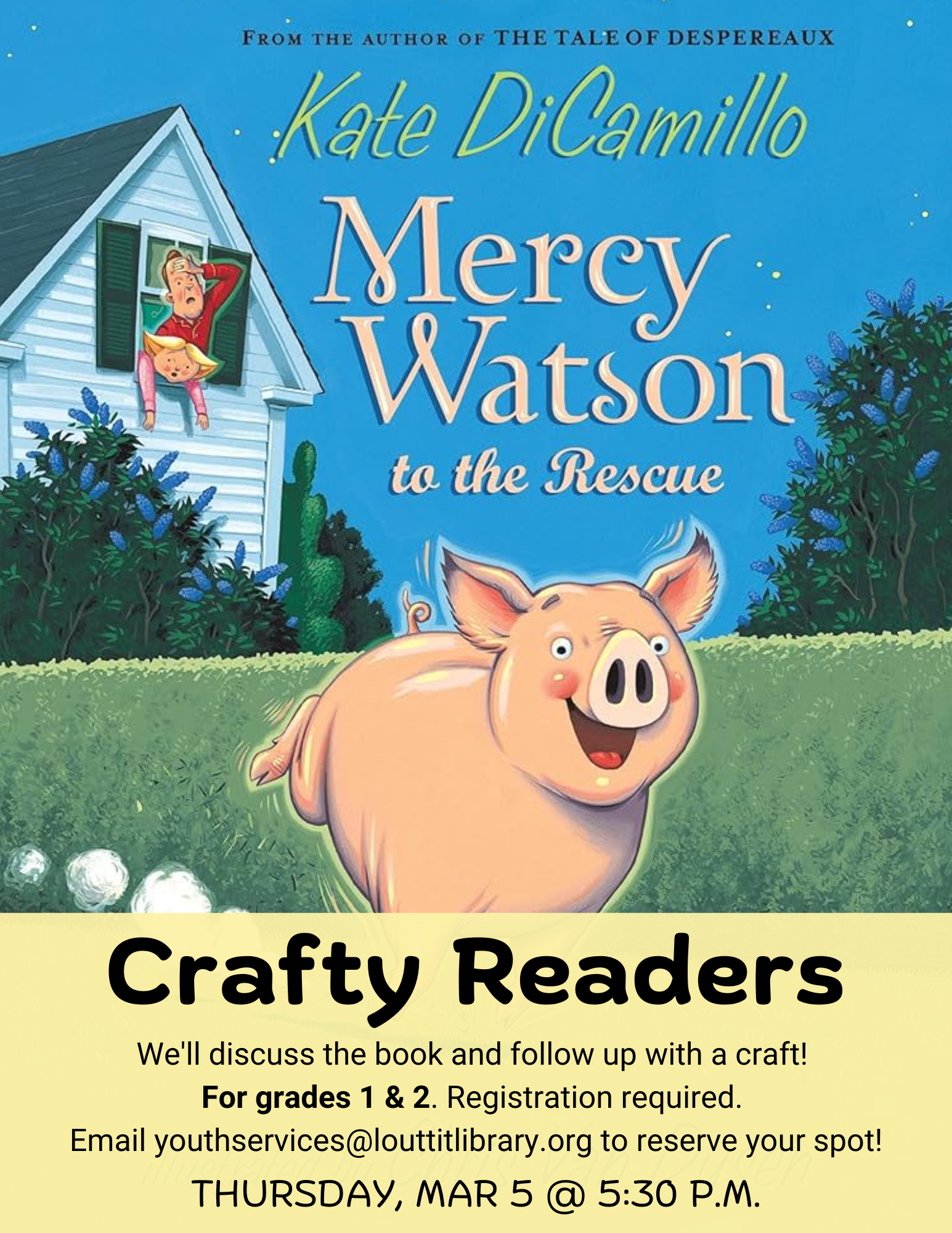 Flier for the Crafty Readers meeting on Thursday, March 5th at 5:30pm.