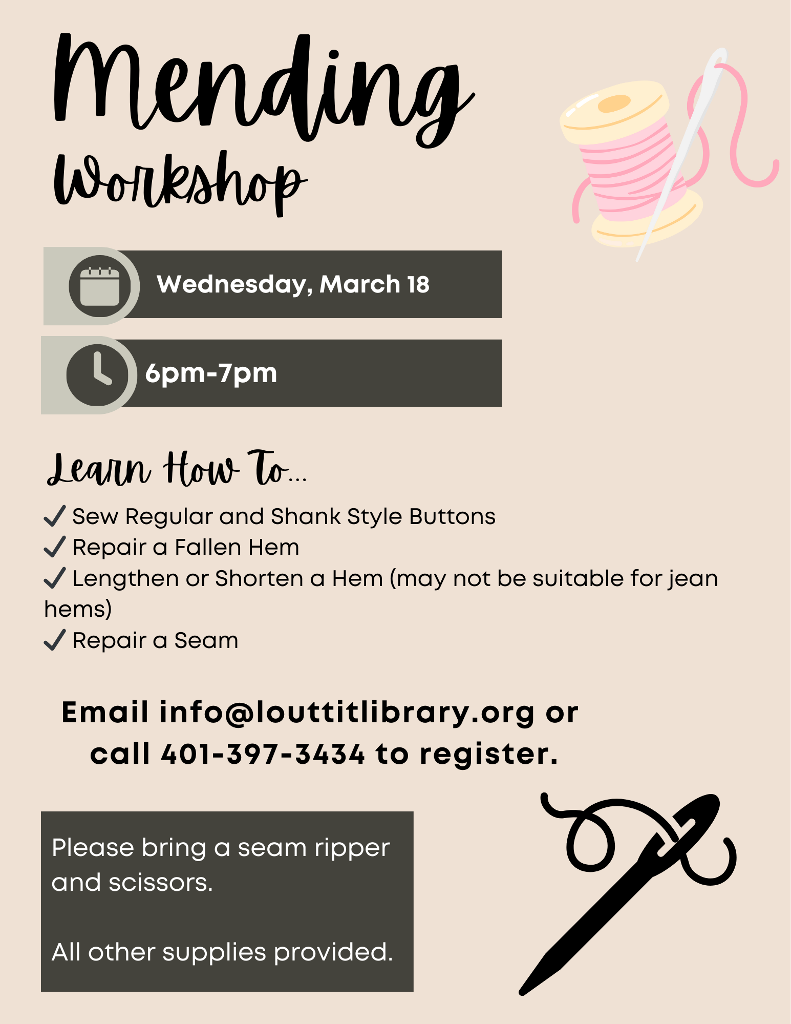 Mending Workshop flier with images of needle and thread.