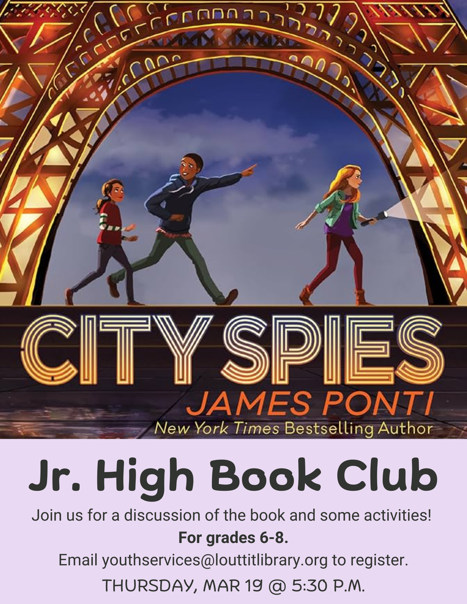 Flier with image of City Spies by James Ponti.