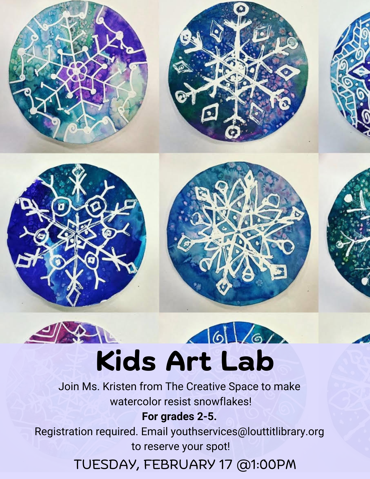 Flier with photo of watercolor snowflakes.