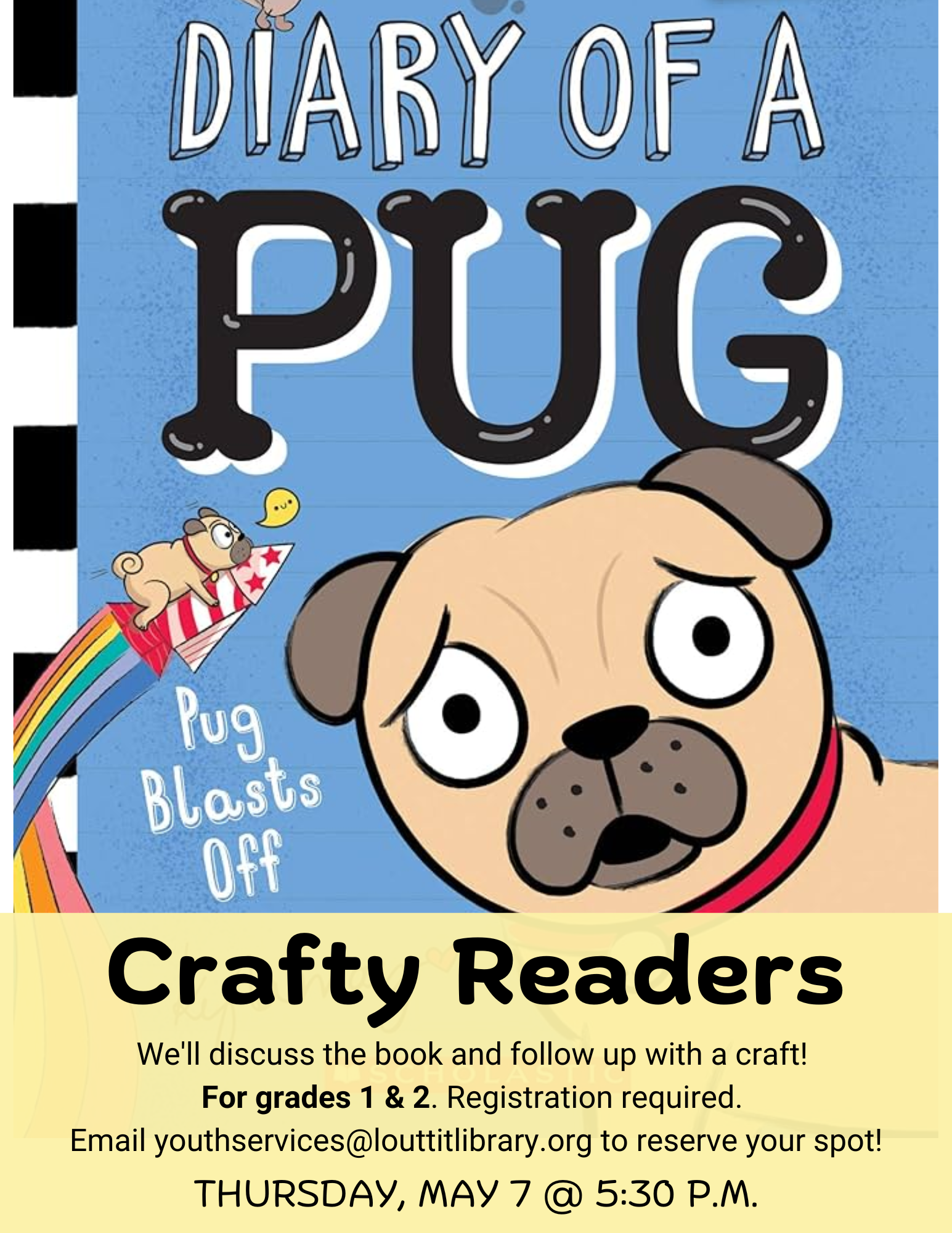 Crafty Readers flier, Diary of a Pug