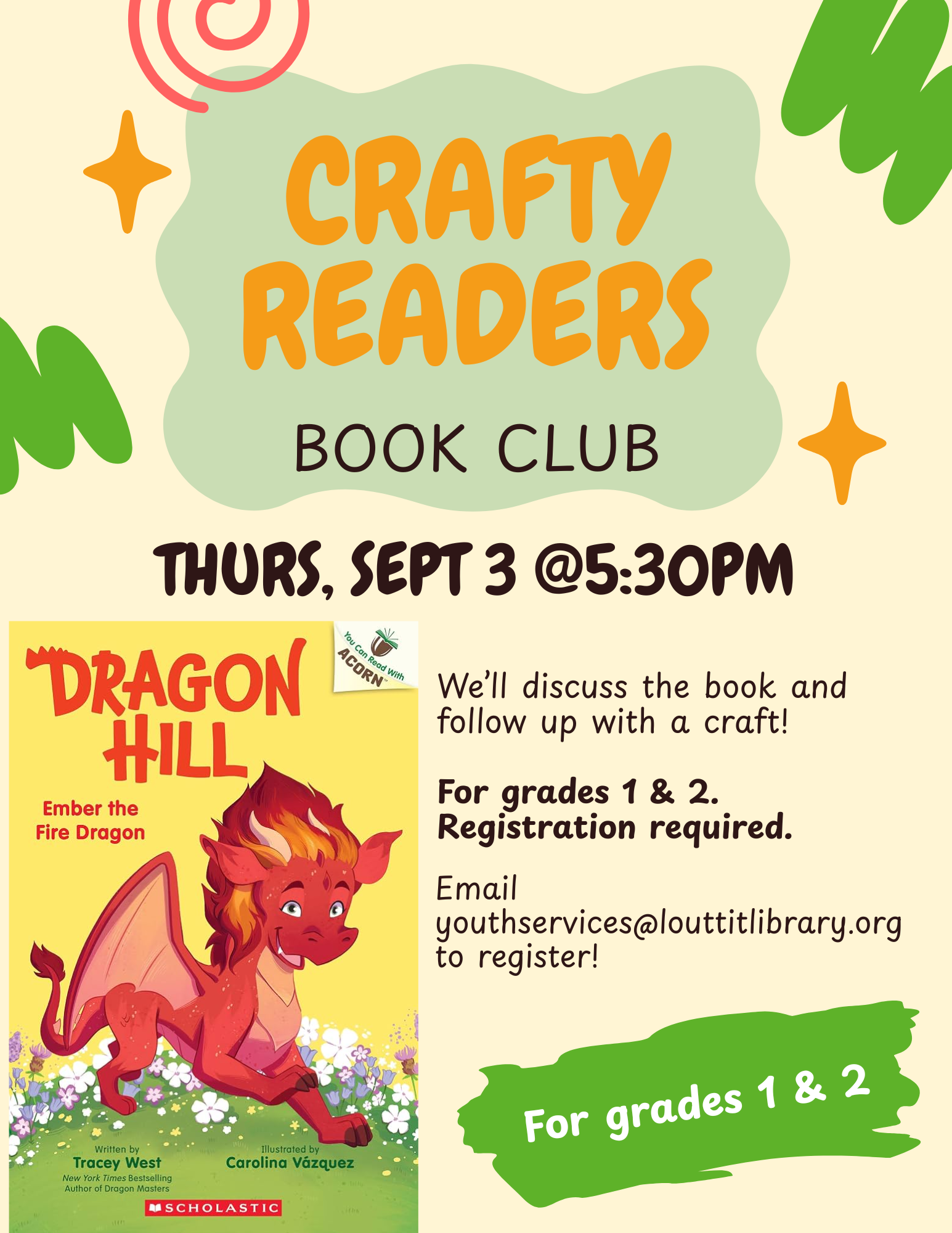 Crafty Readers flier, Ember the Fire Dragon by Tracey West