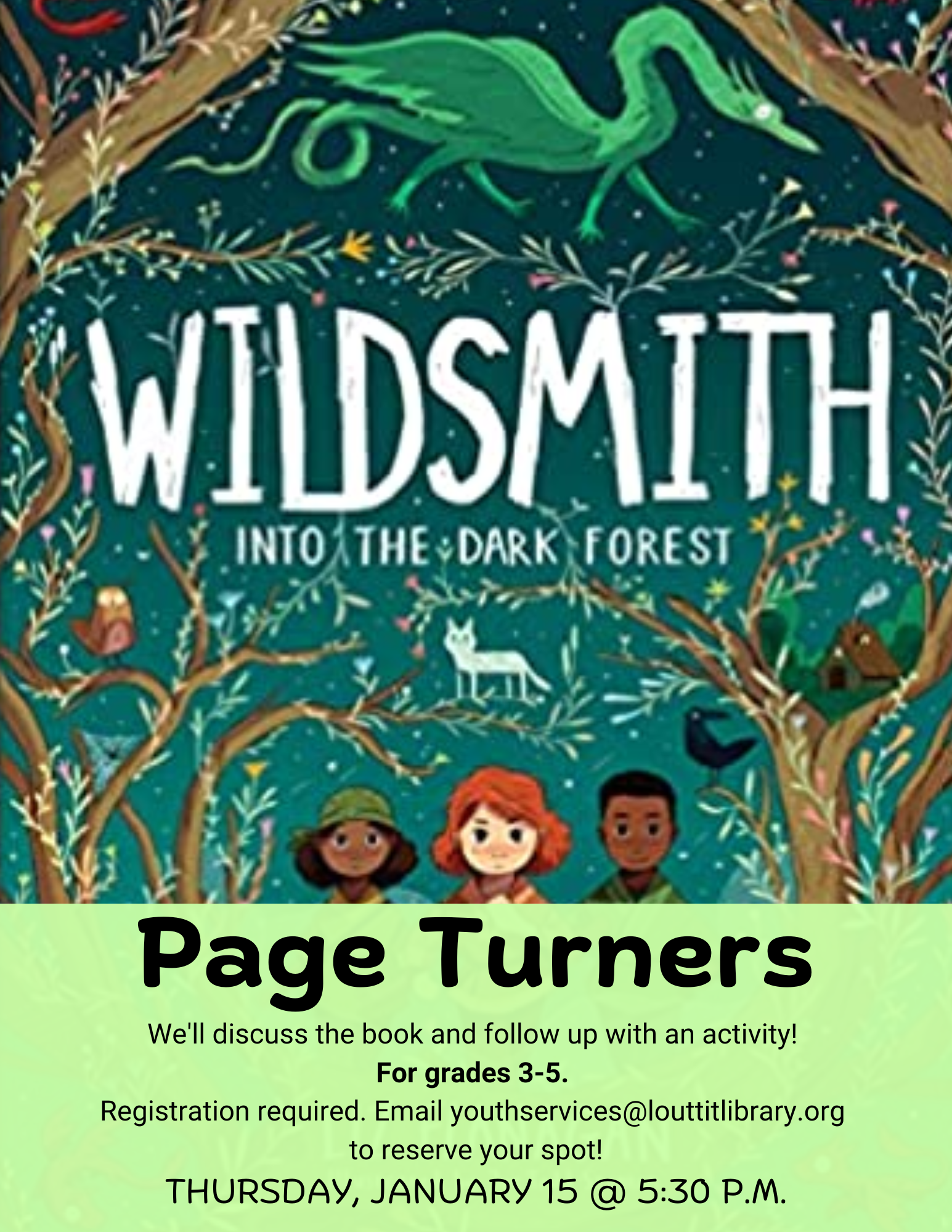 Flier advertising Page Turners Book Club with a photo of our January pick, Wildsmith by Liz Flanagan.