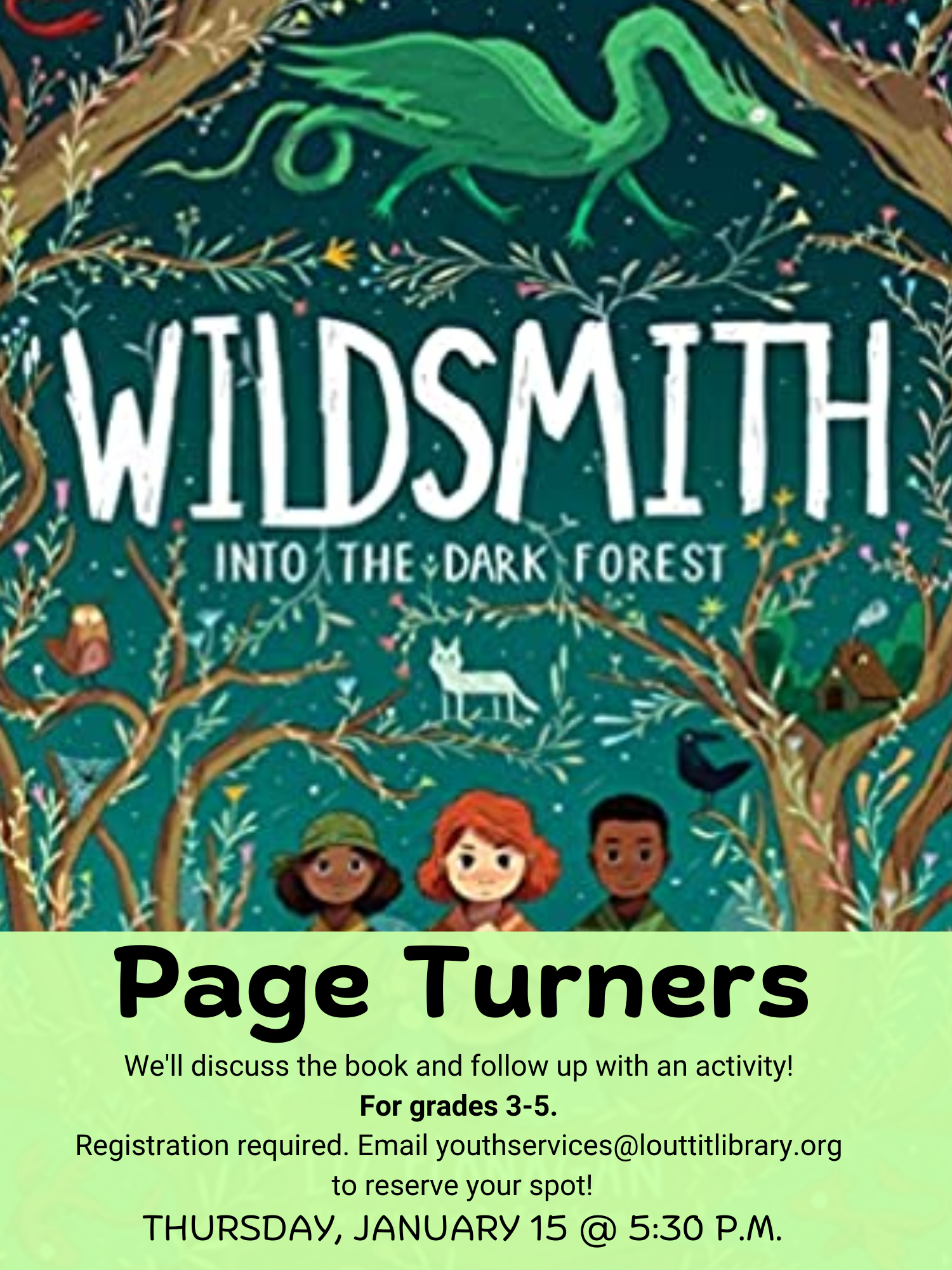 Page Turners book club flier for our discussion of "Wildsmith" by Liz Flanagan on January 15.