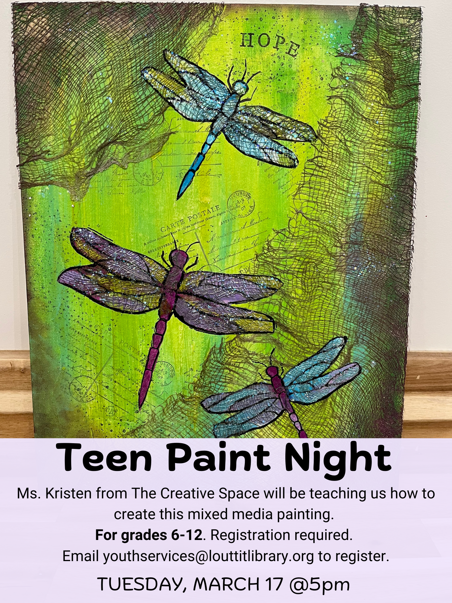 Flier with image of the dragonfly mixed media painting.