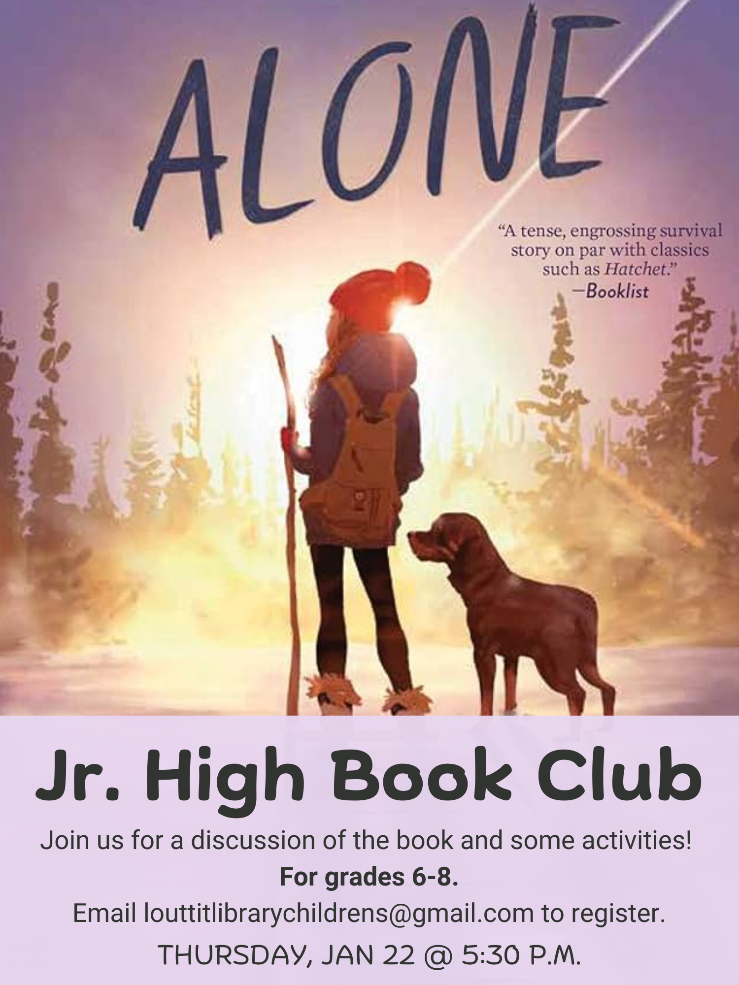 Jr. High Book Club flier for our discussion of "Alone" by Megan E. Freeman on January 22.