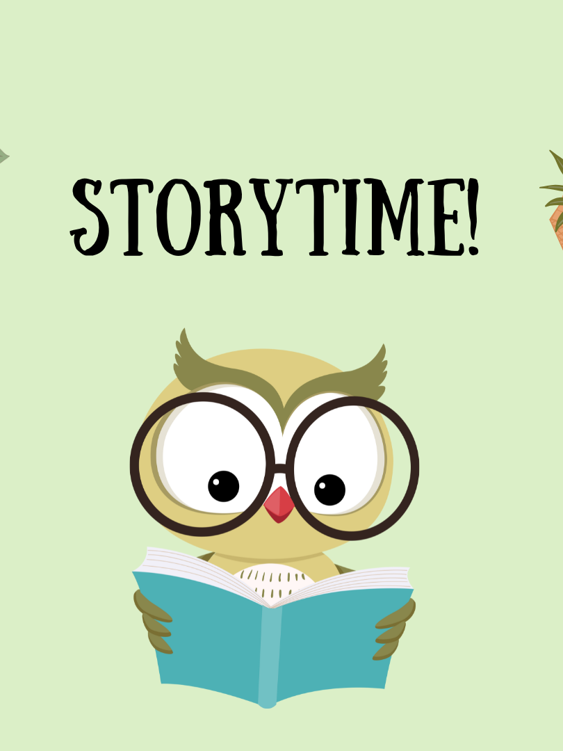graphic of an owl with glasses reading a book under the word "Storytime!"